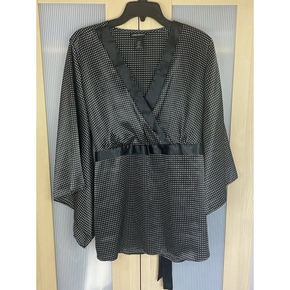 Lane Bryant Black Polka Dot Blouse Top Plus‎ 14/16 Kimono Sleeve Party Satin